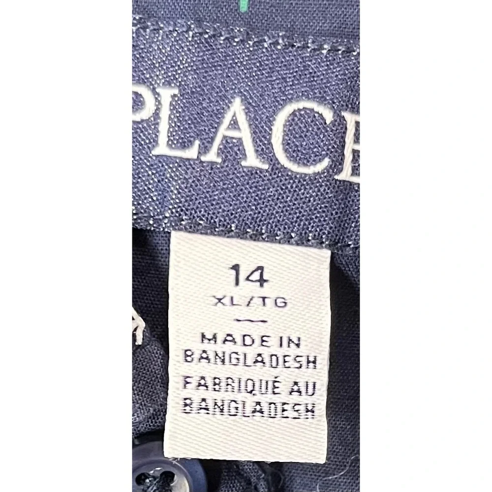 The Childrens Place Boys XL 14 Navy Blue Christmas Tree Button Down Shirt